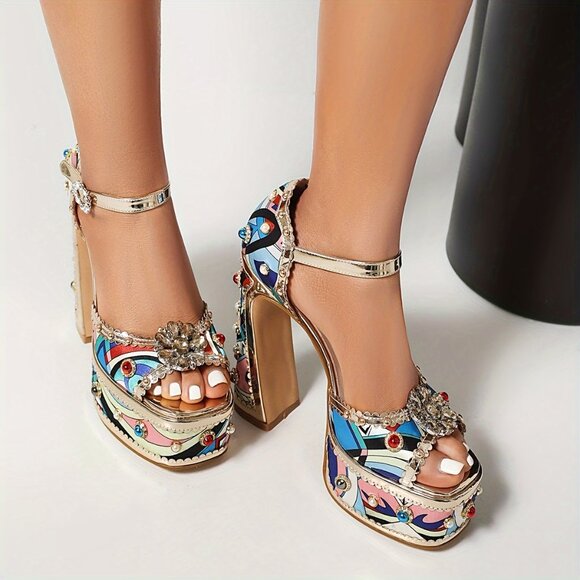 Women's Floral Rhinestone Embellished Block Heel Sandals - Picture 6 of 8